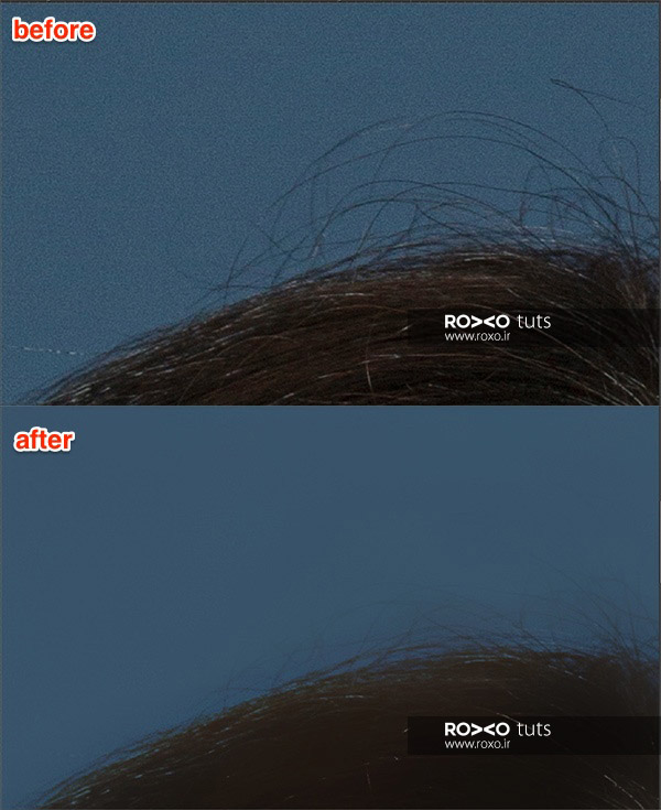 قبل و بعد از روتوش موی مجعد در فتوشاپ