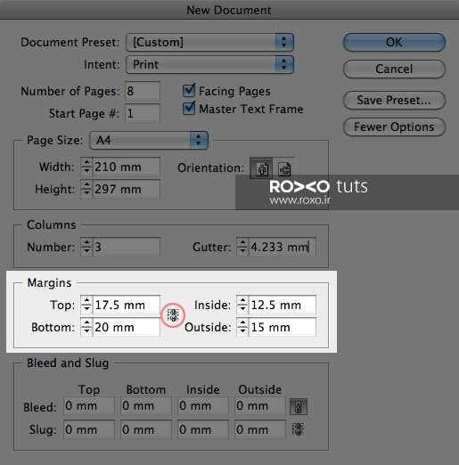 انتخاب حاشیه و Margin برای صفحه در ایندیزاین