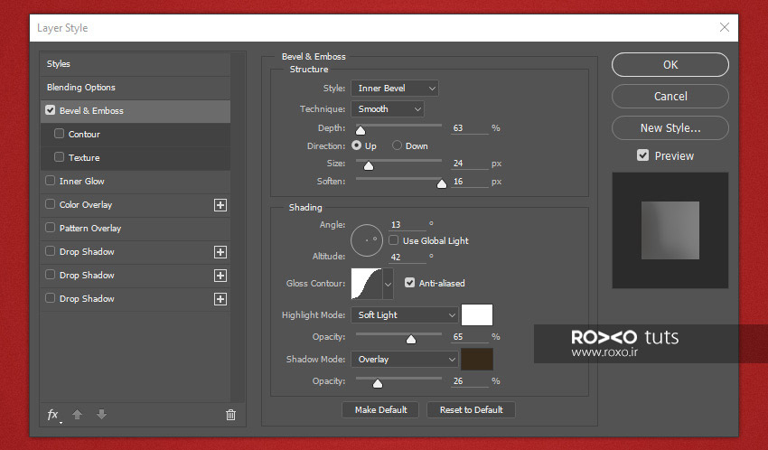 تنظیمات Bevel & Emboss در فتوشاپ