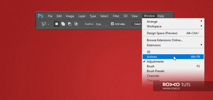 باز کردن پنل اکشن در فتوشاپ