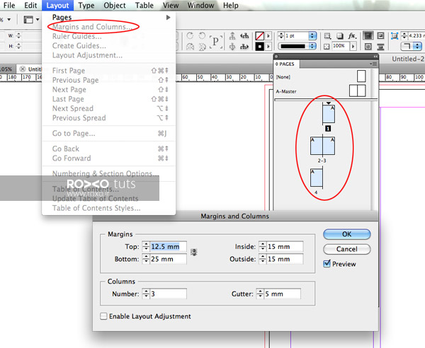 پنجره Margins and columns در ایندیزاین