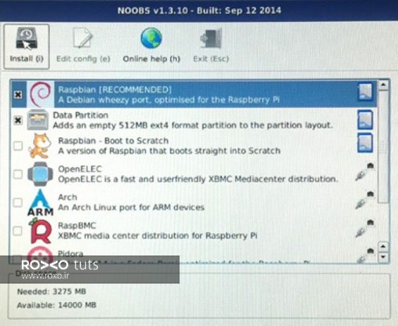 صفحه نصب NOOBS در شروع کار با رسپبری پای
