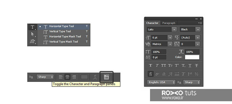 پنل‌های Paragraph و Character