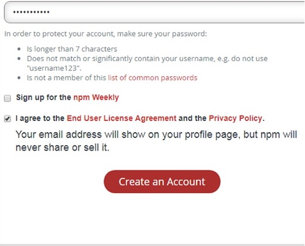 کلیک روی دکمه create an account در وب سایت npmjs.com