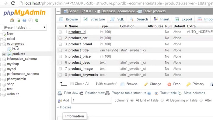 افزودن جدول جدید به پایگاه داده در phpmyadmin