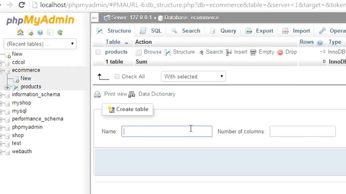 ایجاد جداول جدید در phpmyadmin