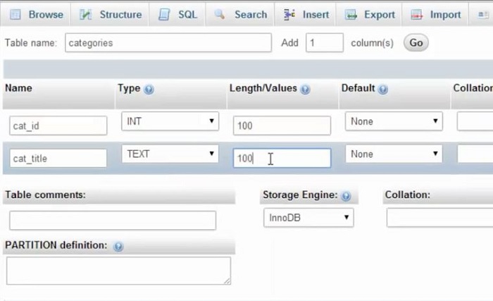 ایجاد جدول categories در پایگاه داده با phpmyadmin