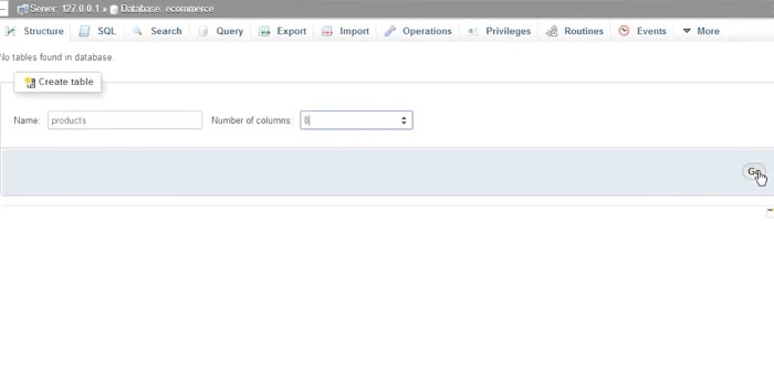 افزودن جدول به پایگاه داده در phpmyadmin با فشردن دکمه Go