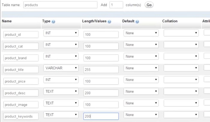 انتخاب type و نام ستون ها در جدول product در phpmyadmin