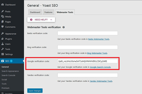 تایید کد گوگل با افزونه Yoast Seo