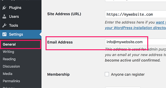 تغییر ایمیل ادمین از طریق صفحه تنظیمات وردپرس
