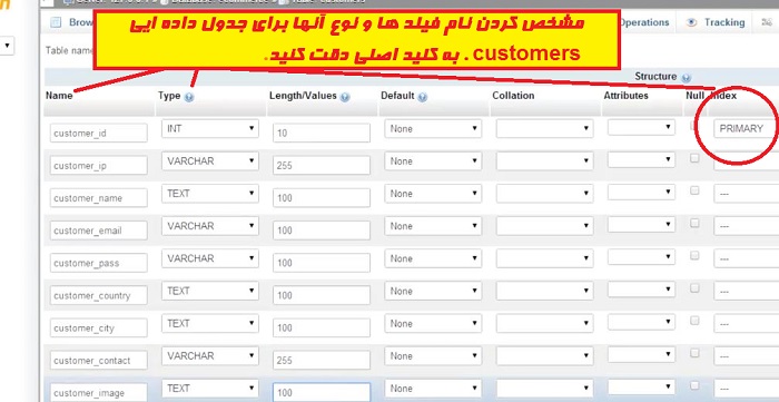 مشخص کردن نام فیلد ها و نوع آنها برای جدول داده ایی customers