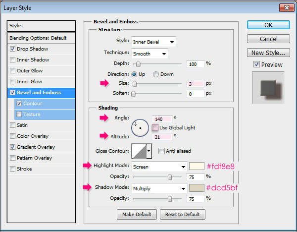 تنظیمات Bevel and Emboss