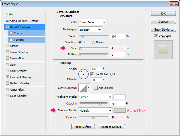 تنظیمات Bevel and Emboss