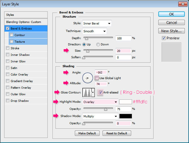 تنظیمات Bevel and Emboss برای بار دوم