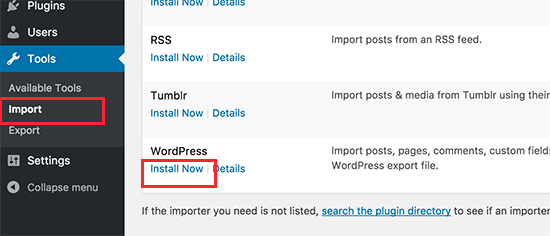 نصب wordpress importer