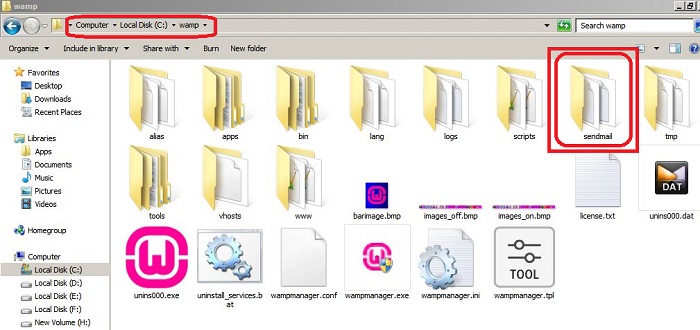 انتقال فایل sendmail به آدرس wamp