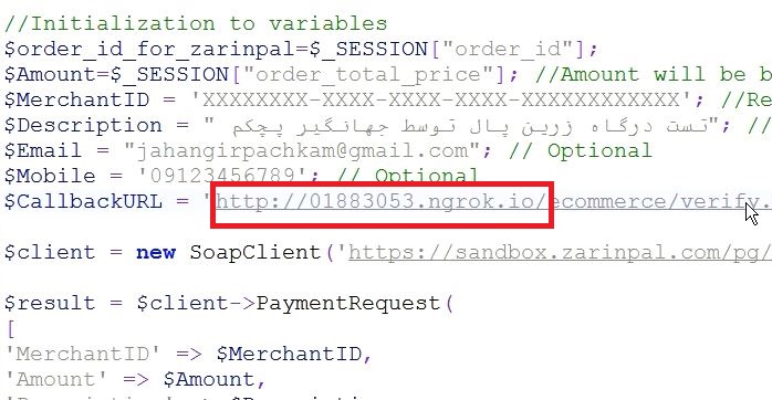 قرار دادن آدرس ngork‌ در متغییر CallbackURL