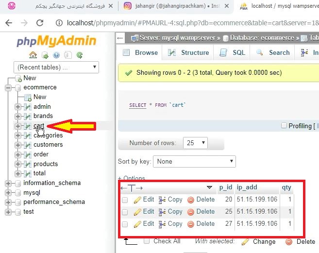 حالا به جدول داده ایی cart نگاه کنید که محصولات ما اضافه شده است
