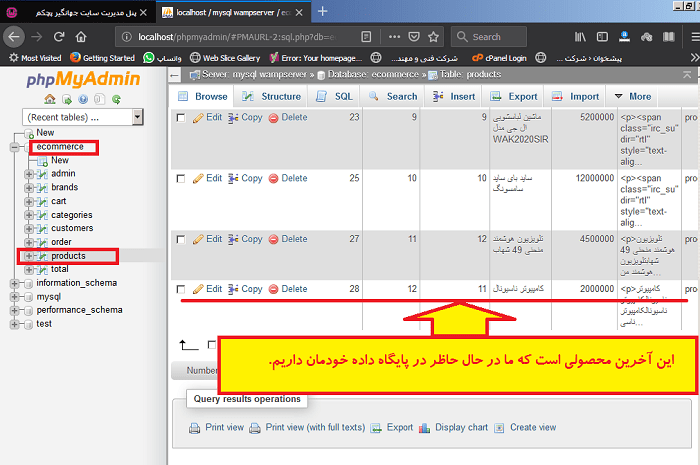 نمایی از پایگاه داده قبل از اعمال تغییرات