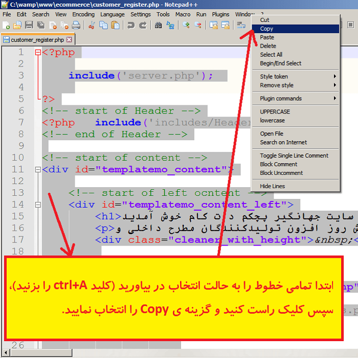 کپی کردن تمام خطوط فایل customer_register