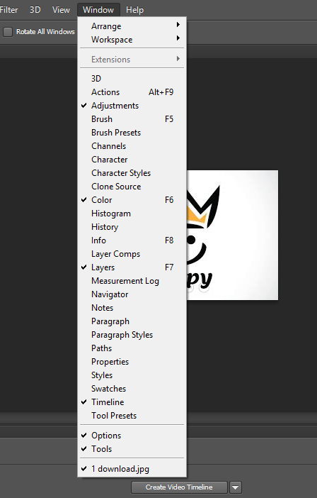 منوی WINDOW در فتوشاپ