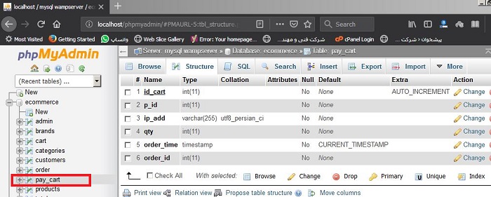 تصویری از جدول داده ایی pay_cart