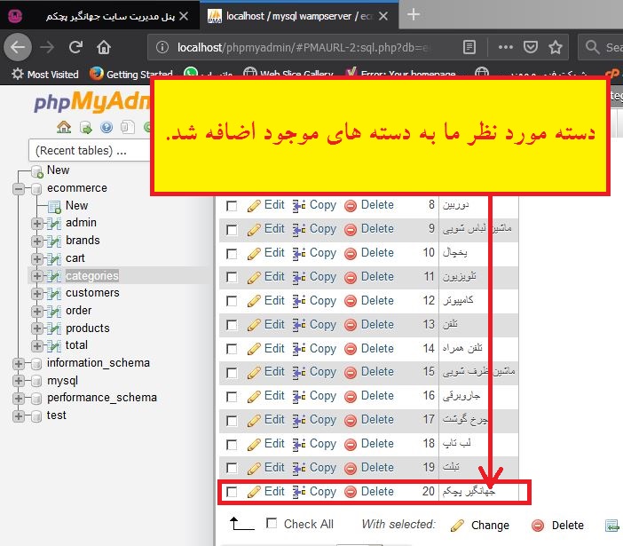 پایگاه داده ecommerce و جدول داده ایی categoeies