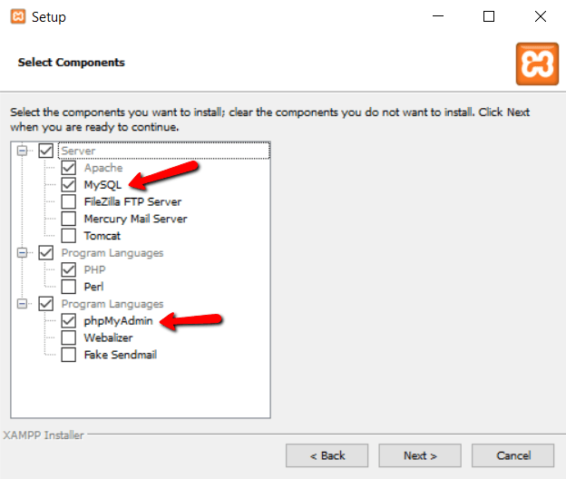 انتخاب کردن گزینه های Mysql و Phpmyadmin برای نصب وردپرس در xampp