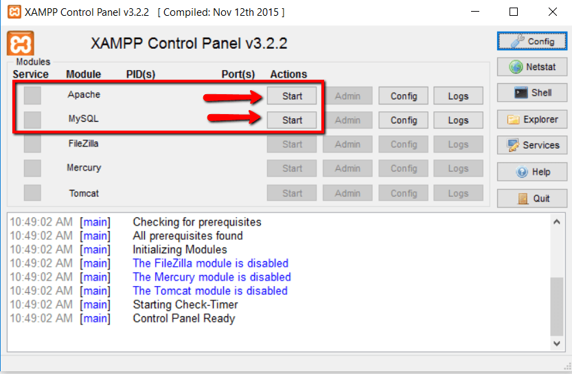 فعال کردن Mysql و Apache برای نصب وردپرس در Xampp