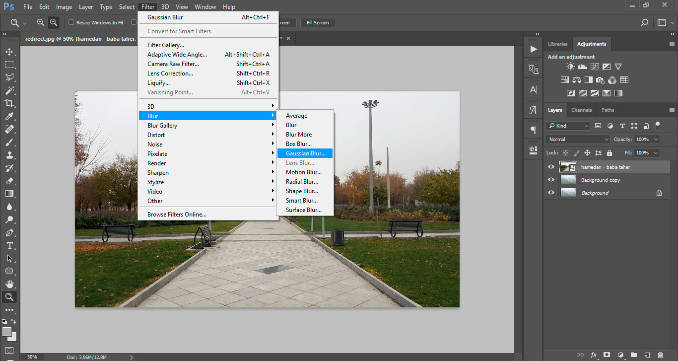 اعمال فیلتر Gaussian blur