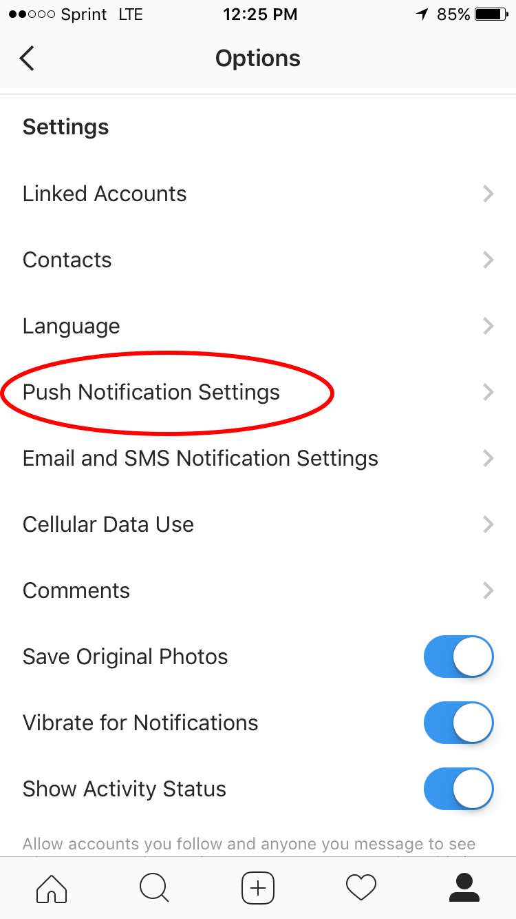 انتخاب گزینه Push Notification Settings