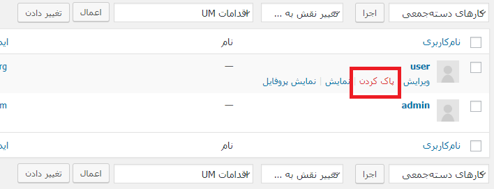 گزینه پاک کردن کاربر