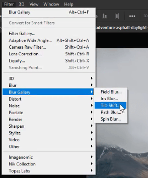 انتخاب گزینه ی tilt shift از منوی بالایی فتوشاپ