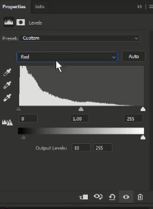 تنظیمات levels برای رنگ red (قرمز)