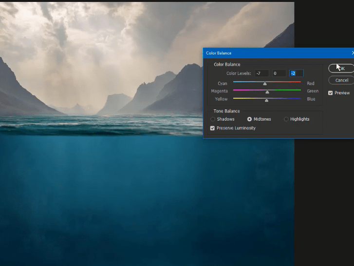 تنظیم لایه ی Color balance برای عمق آب