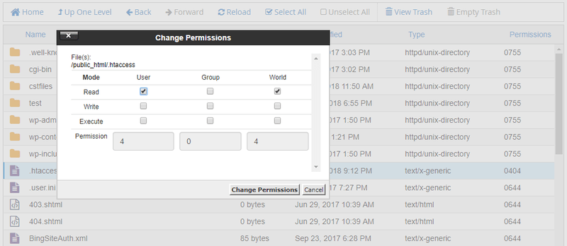 مثالی از تغییر سطح دسترسی برای یک فایل (از CPanel)