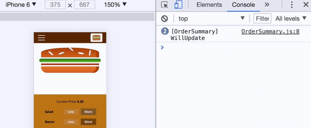 re-render شدن OrderSummary - پیام render شدن را در console میبینیم