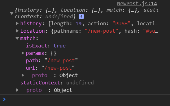 شیء match برای newPost (از prop های routing)