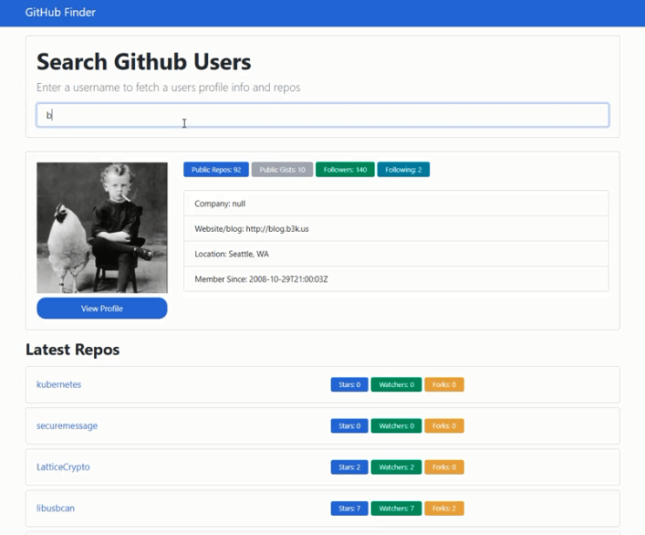 UI برنامه ی GithubFinder