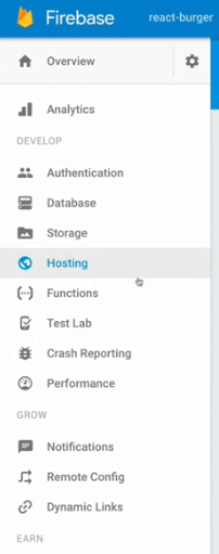 گزینه ی hosting در firebase