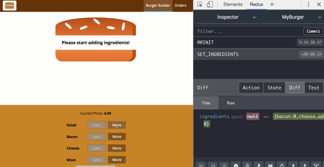 نمایش SET_INGREDIENTS در redux devtools