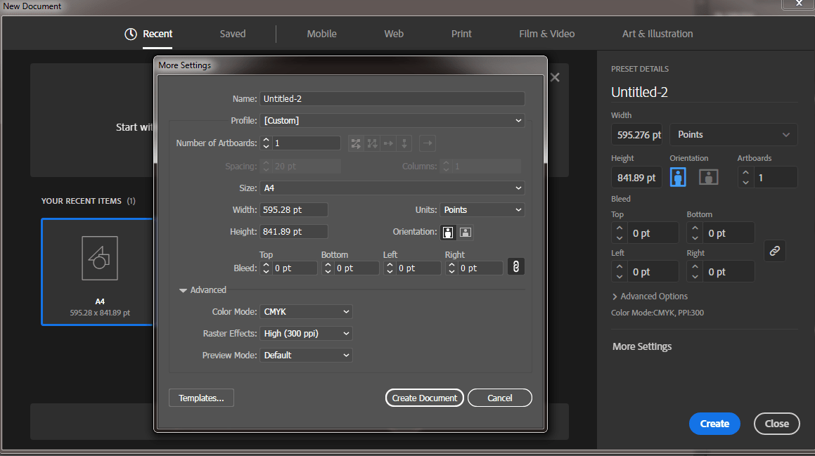 پنجره ی ایجاد سند جدید در نسخه های جدید تر illustrator