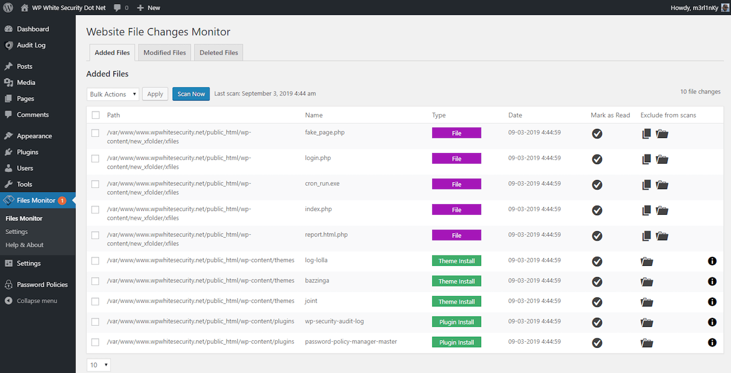 نمایی از پلاگین Website File Changes Monitor