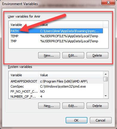 انتخاب گزینه ی PATH در قسمت user variables