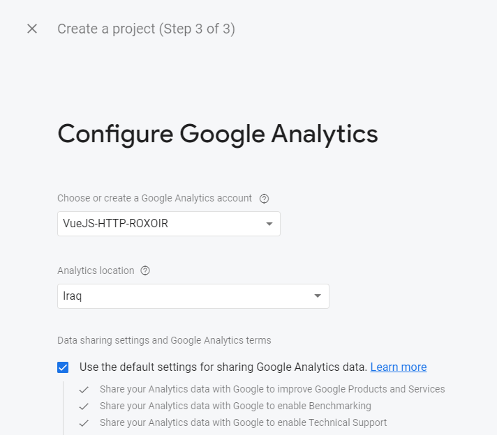 انتخاب یک حساب analytics