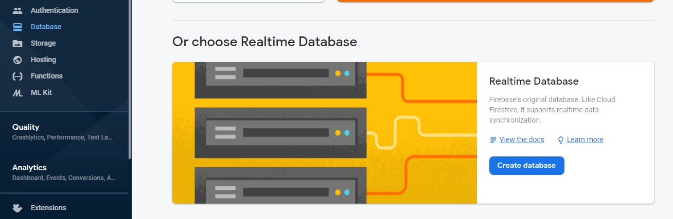 از گزینه های موجود حتما گزینه ی realtime database را انتخاب کنید و گزینه های دیگر مانند firestore را نادیده بگیرید