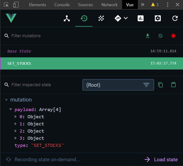 تاریخچه ای ار VueX و mutation اعمال شده در بارگذاری اولیه ی برنامه
