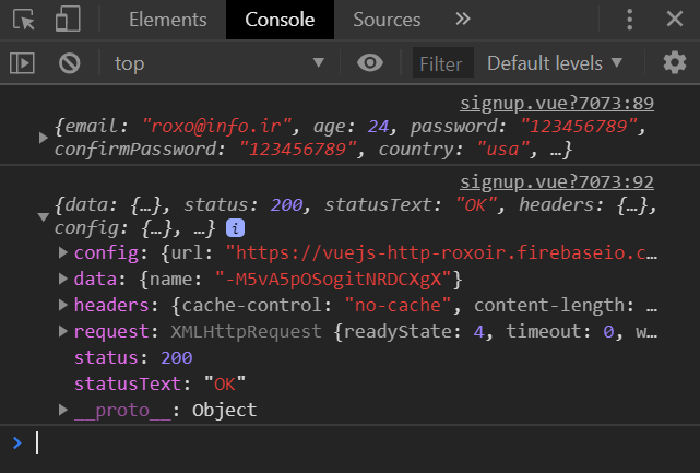 پاسخ دریافت شده از سرور firebase در کنسول مرورگر