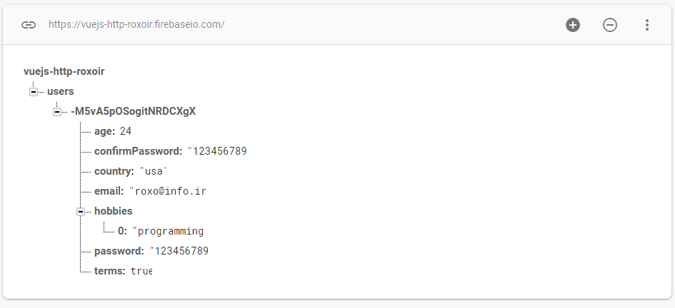 داده های ما با موفقیت در پایگاه داده ی firebase ذخیره شده است